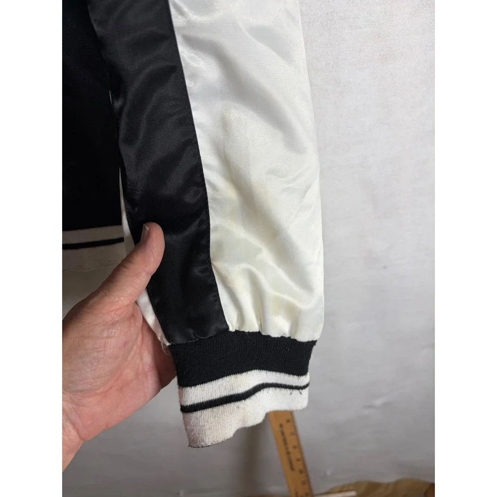 Odyn Womens XL Satin Floral Embroidered Bomber Jacket Black White Sporty Retro